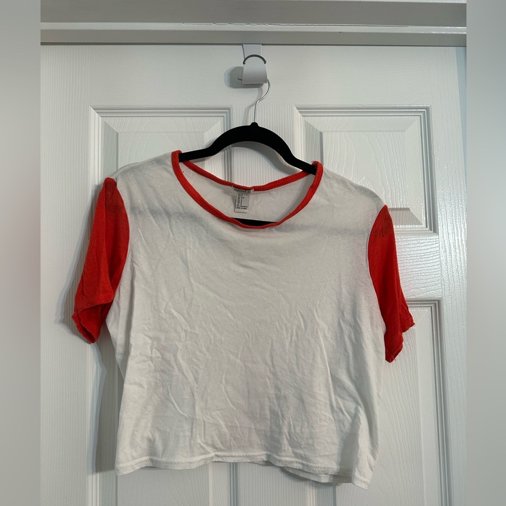 Womens Forever 21 Boxy Red/White Cropped Baseball Tee